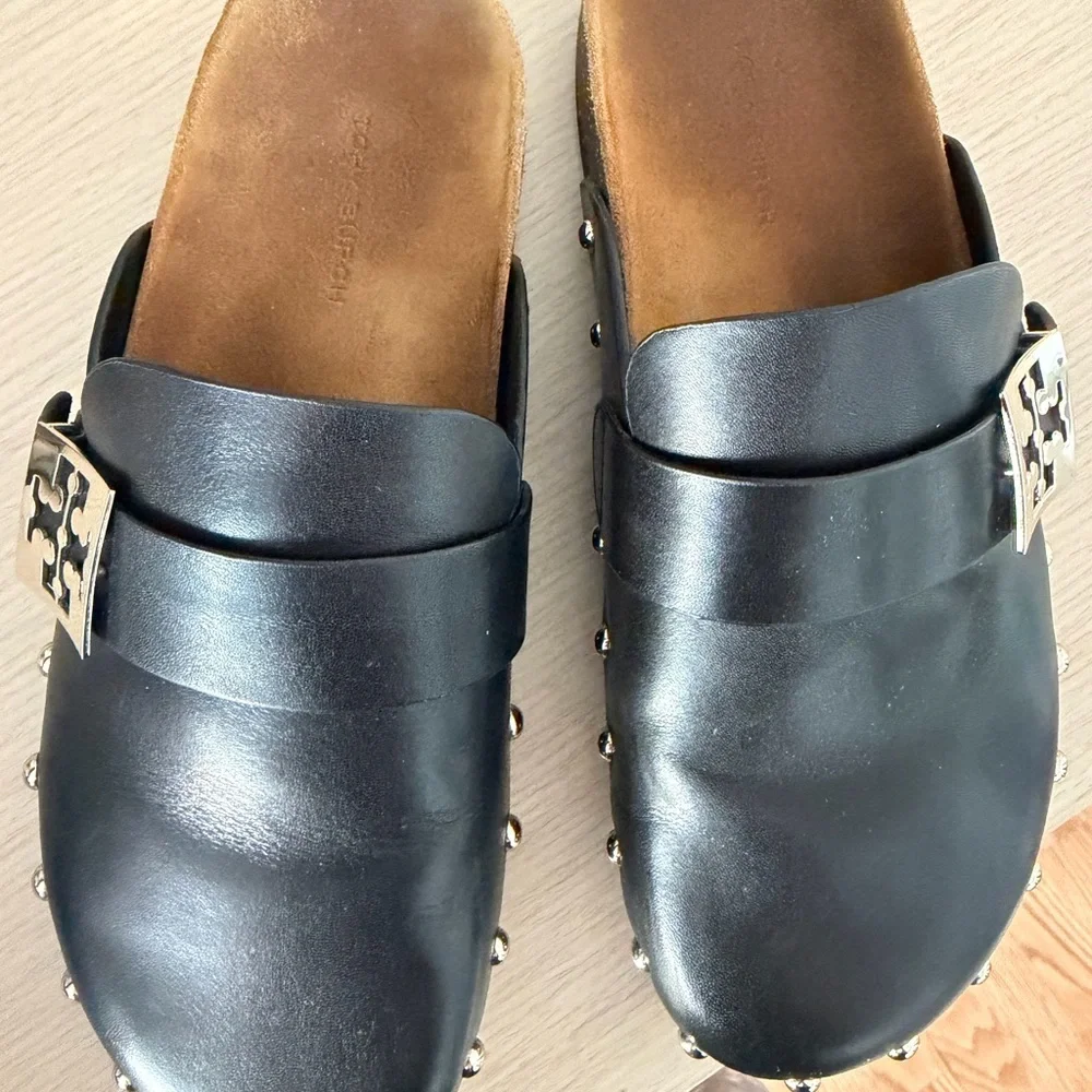 Tory Burch Black Leather Studded Mule Clogs with Silver Logo Accent - Picture 5 of 9